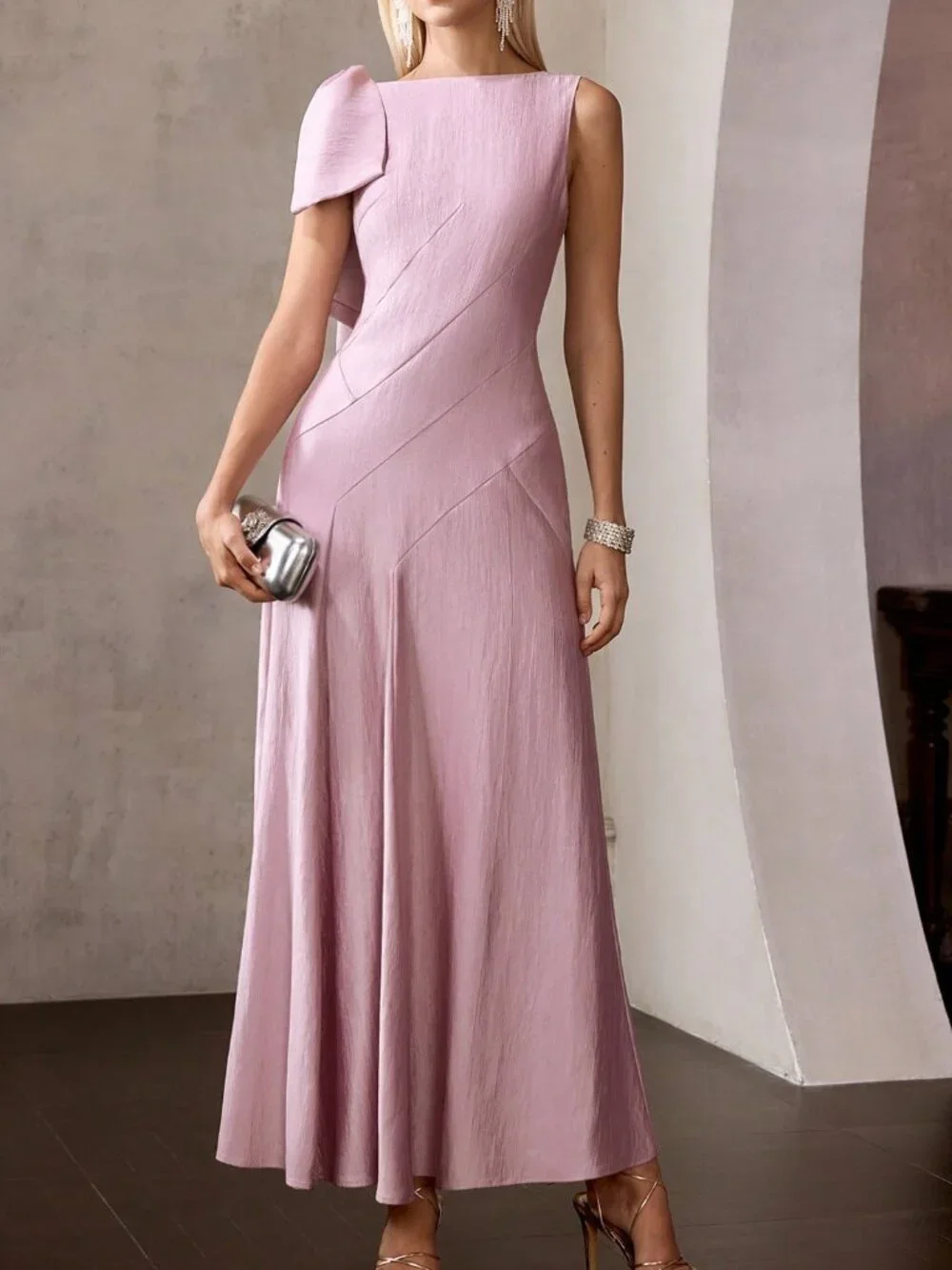 Lilac Purple Elegant Women's French Bow Tie Strap A-Line Dress